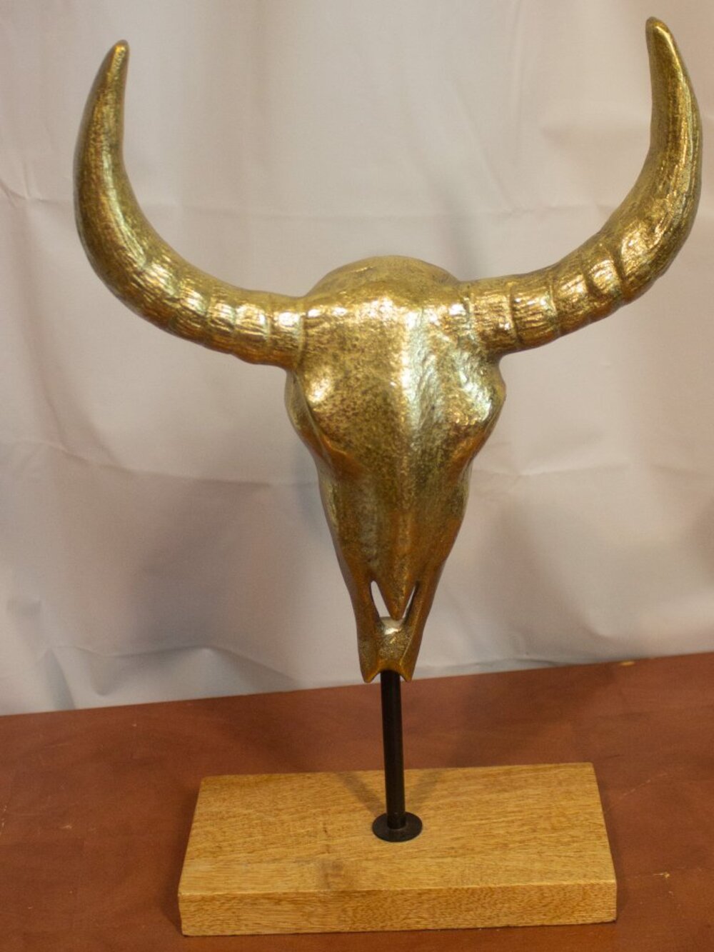 Gold Bull Skull Sculpture on Wood Base – Western Boho Décor – 14” Tabletop Metal